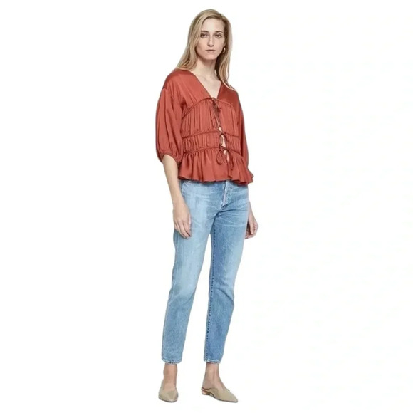 Farrow Mauve Brick Red Ruched Tie Front Boho Peasant Blouse 3/4 Sleeve Satin Top - Picture 2 of 11